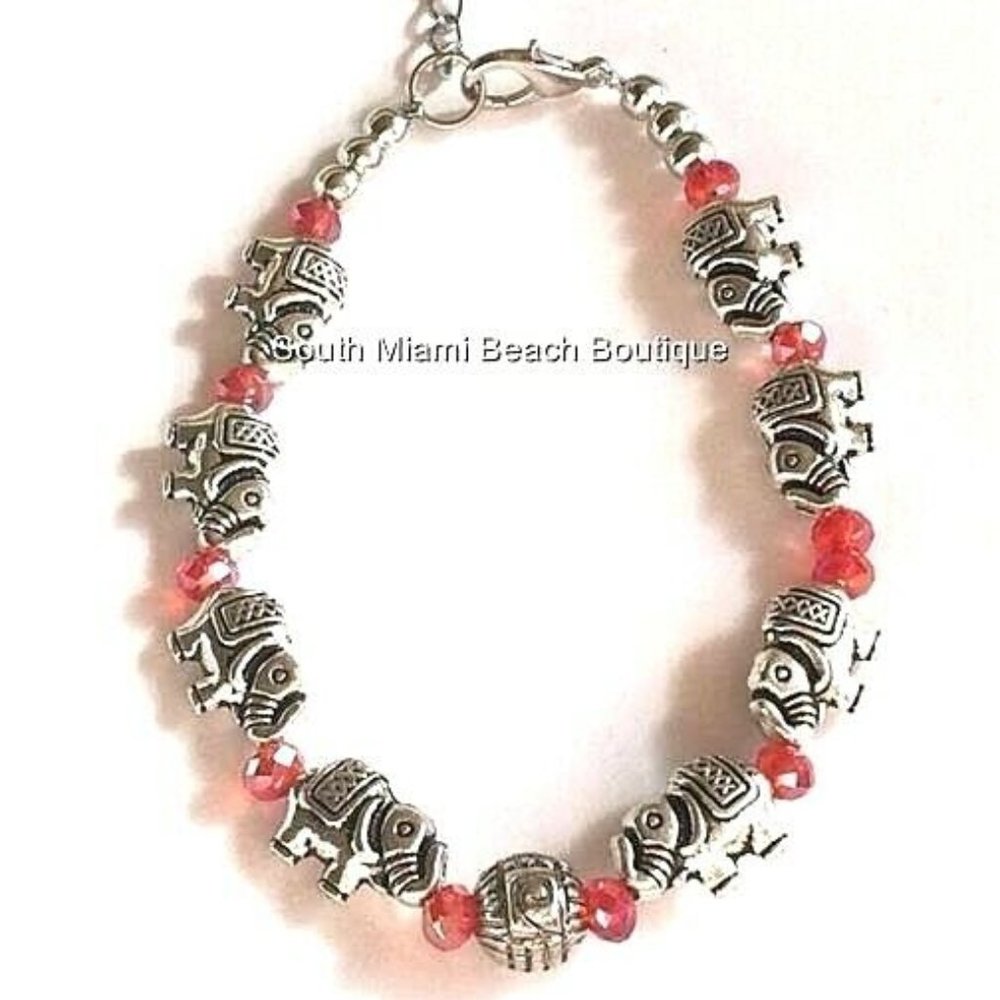 Elephant Bead Charm Bracelet Silver Plated 7-8.5" Adjustable Red Boho Tribal